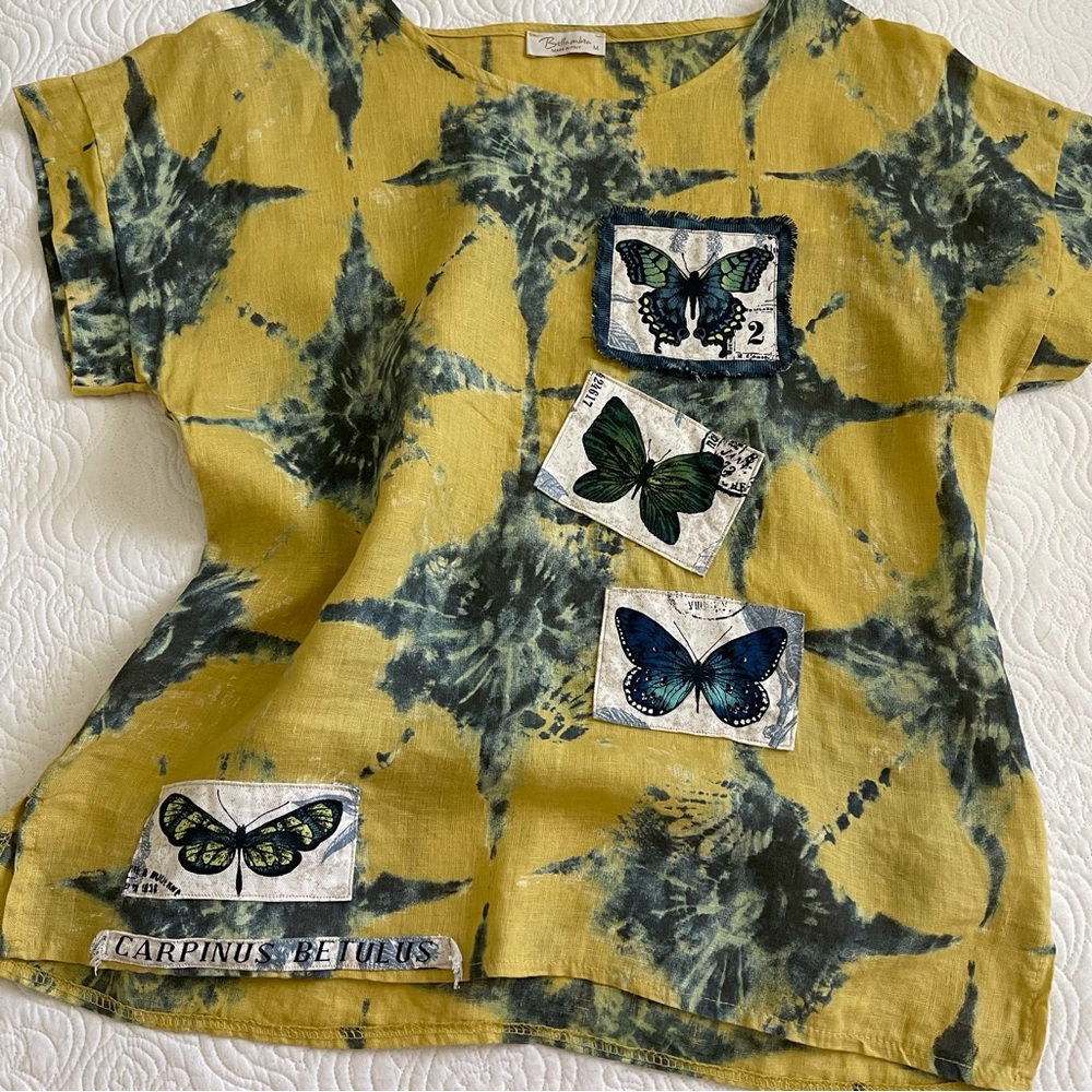 Upcycled Bellambra Linen Top OOAK Butterfly Appliqués Size Medium - Picture 4 of 15